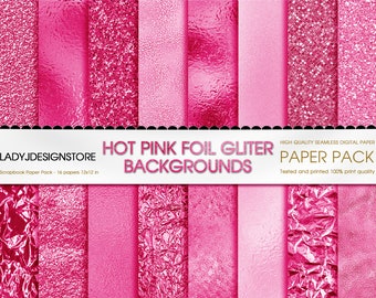 Hot Pink Foil Glitter Seamless Digital Paper, Neon Pink Digital Paper Backgrounds, hot Pink Glitter paper pack, Canva Background