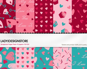 Sweet Valentine Heart 15 Printable Digital papers - Sweet ValentineScrapbooking Papers - 12x12 - 300 DPI -INSTANT DOWNLOAD