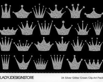 Silver Glitter Crown ClipArt Pack-24 Digital clip art crowns for invitations, scrapbooking - PNG, Original ClipArt