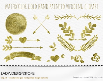 Watercolor Gold Clip Art - 12 Gold Metallic Watercolor wreath and laurel, arrows, logo design, digital circle frames, wedding invitation