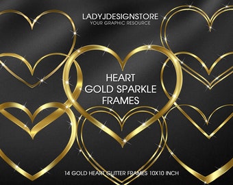 Gold Glitter Heart Frame Clip Art, Metallic Gold Heart, Simple Header frames, Canva frames Embellishment Clipart, Metallic Heart Frames