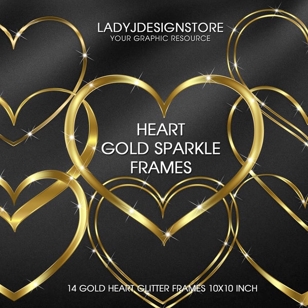 Gold Glitter Heart Frame Clip Art, Metallic Gold Heart, Simple Header frames, Canva frames Embellishment Clipart, Metallic Heart Frames