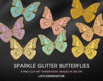 Sparkle Gold Glitter Butterfly Clipart, black glitter butterfly clipart, gold glitter butterfly, sparkle gold blue, pink, gold, yellow, mint