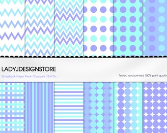 Digital Scrapbook Paper Pack - Purple Blue Neon Chevron Dots Stripes papers -  INSTANT DOWNLOAD