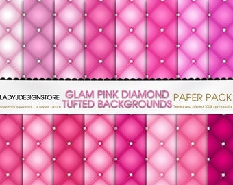 Diamond Tufted Pink Sparkle Digital Paper Luxury Quilted backgrounds, princess scrapbook paper, printable quilting texture tufted background