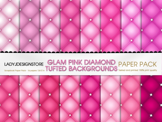 Diamond Tufted Pink Sparkle Digital Paper Luxury Quilted Backgrounds,  Princess Scrapbook Paper, Printable Quilting Texture Tufted Background 