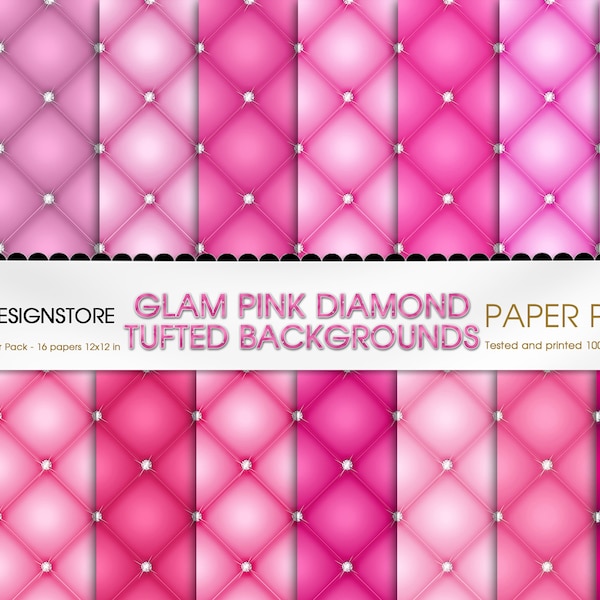 Diamond Tufted Pink Sparkle Digital Paper Luxury Quilted backgrounds, princess scrapbook paper, printable quilting texture tufted background