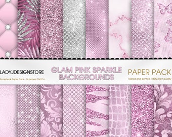 Silver and Pink Glam Digital Paper, seamless tiger cheetah zebra patterns, butterfly glitter glam backgrounds pink sparkle diamonds