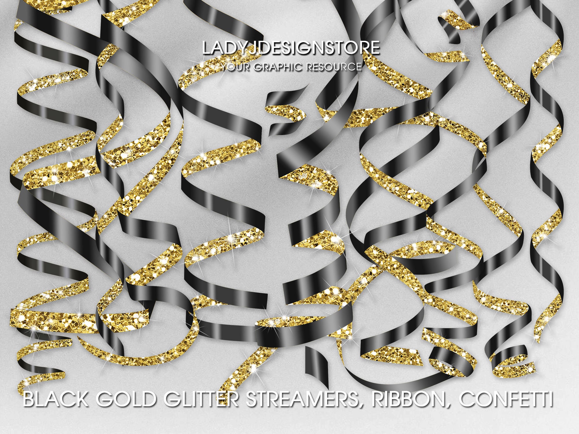 Black Gold Glitter Ribbon Streamers Confetti Clipart Curling