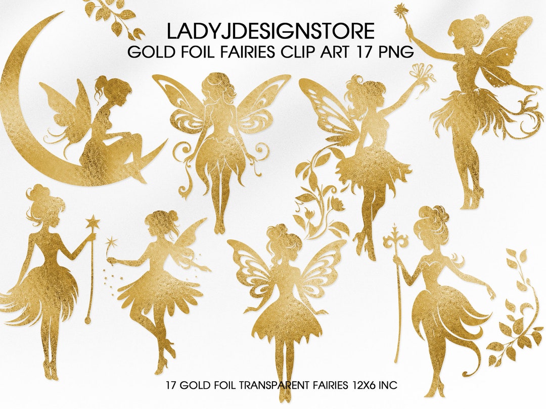 Gold Foil Fairies, Fairy Clip Art, Gold Foil Clipart, Fairy Silhouettes