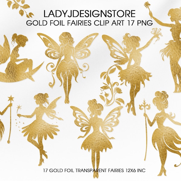 Gold foil fairies, fairy clip art, gold foil clipart, fairy silhouettes, Christmas graphics, fairy on the moon, fairies PNG