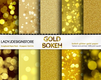 Gold Digital Bokeh Paper  - gold bokeh and glitter - shiny paper pack with gold glitter background, bokeh hearts and glitter, digital paper