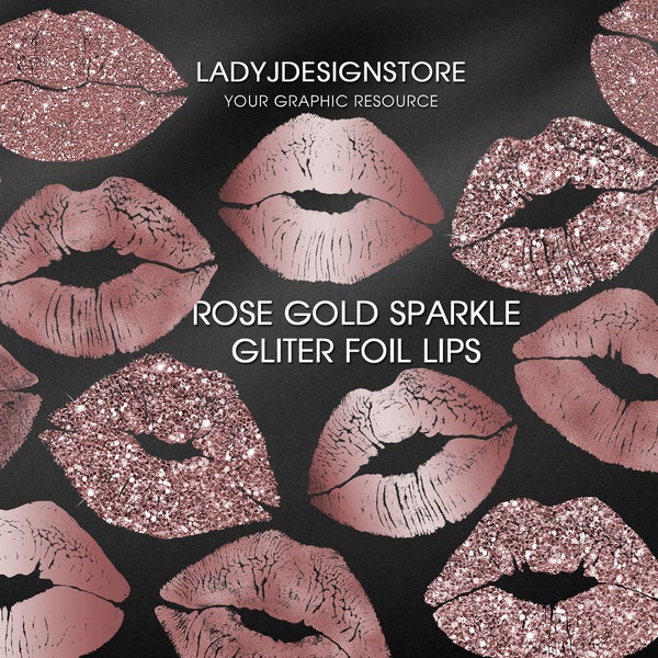 Rose Gold Glitter Sparkle Lips Clip Art, Metalic Rose Gold Lips, glitter kiss, Canva Kiss Embellishment Clipart, Rose Gold Glitter Lips
