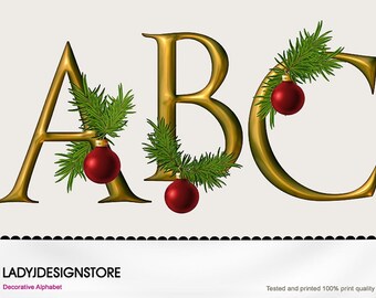 DECORATIVE GOLD CHRISTMAS Alphabet- 26 upper case letters in gorgeous metallic gold with painted Christmas tree, decorated with ornaments,