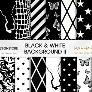 Black and White Geometric II Seamless Backgrounds stars, butterfly, marble, chevron, snake, checkers, diamond, damask printable paper