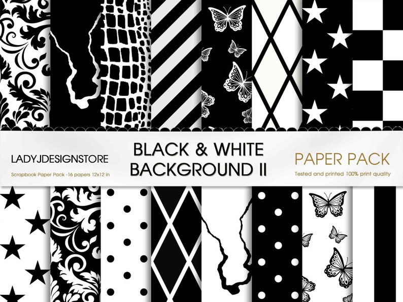 Black and White Geometric II Seamless Backgrounds stars, butterfly, marble, chevron, snake, checkers, diamond, damask printable paper