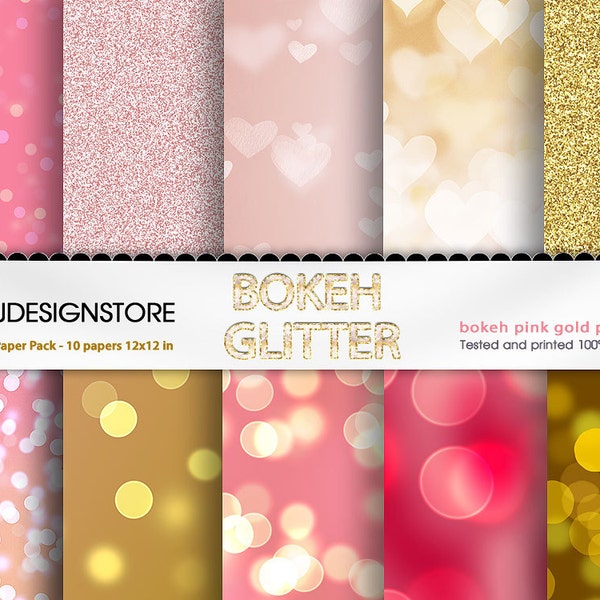 Goudroze digitaal papier - gouden bokeh en glitter - glanzend papierpakket met gouden glitterachtergrond, bokehharten en glitter, digitaal papier