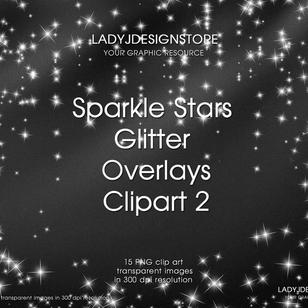 Sparkle Stars 2 Glitter Stardust Overlays, brillo blanco en formato PNG con fondos transparentes, descarga instantánea