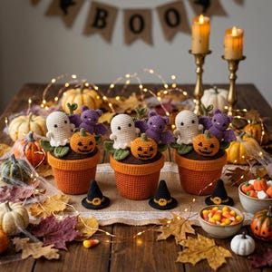 May include: Three crocheted Halloween potted plants featuring a white ghost, a purple bat, and an orange jack-o'-lantern in each orange pot. Each set includes a small black witch hat with a yellow band, arranged on a table with autumn decor.