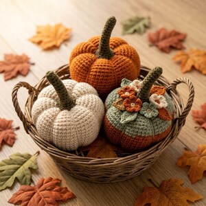 Virkade pumpamönster i PDF-format, 3 amigurumi-pumpamönster, ribbad kabelstickad höstdekor, virkhandledning för nybörjare och mellannivå
