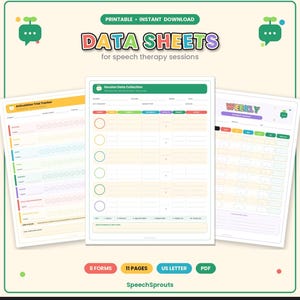 May include: A set of printable data sheets for speech therapy sessions, including an Articulation Trial Tracker, Session Data Collection form, and Weekly Progress sheet. The documents feature colorful headers, tables, and grids for tracking student progress.