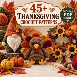50 virkmönster till Thanksgiving i PDF-format, kalkon, tomte, pumpa, höstdekor, direktnedladdning