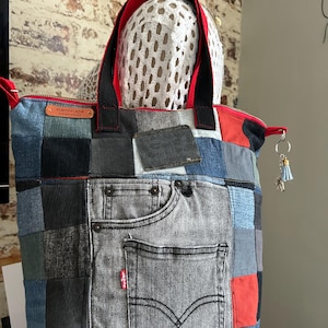 Grand sac cabot en jean recyclé patchwork, sac fourre-tout zippé en denim, sac à main écoresponsable fait main, cabas coloré