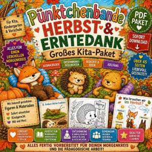 Puede incluir: Un paquete de actividades digitales titulado Pünktchenbande Herbst & Erntedank con ilustraciones de un zorro, un erizo y un oso en un bosque otoñal. La imagen incluye texto, páginas para colorear y materiales educativos para niños en clase.