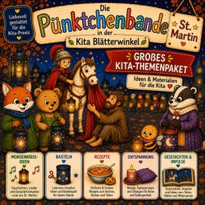 Könnte beinhalten: Ein farbenfrohes pädagogisches Themenpaket mit dem Titel Die Pünktchenbande in der Kita Blätterwinkel St. Martin, illustriert mit Fuchs, Bär, Pferd und Dachs mit Laternen sowie fünf Infoboxen zu Basteln, Rezepten, Entspannung und Geschichten.