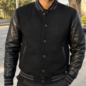 Handmade Black Varsity Jacket Leather Sleeves Wool Letterman Coat