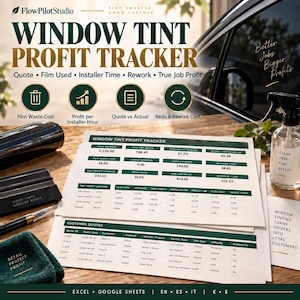 Könnte beinhalten: Ein ausgedrucktes Window Tint Profit Tracker Tabellenblatt mit Spalten für Gesamtumsatz, tatsächlichen Gewinn, Gewinnspanne und Arbeitsstunden. Das Dokument enthält Abschnitte für Kundenangebote, Folienabfall und Nacharbeitskosten in dunkelgrüner Schrift.