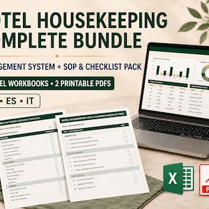 May include: A hotel housekeeping management system bundle featuring a laptop displaying a dashboard with charts and tables, two printed checklists, and icons for Excel and PDF files. The text reads Hotel Housekeeping Complete Bundle.
