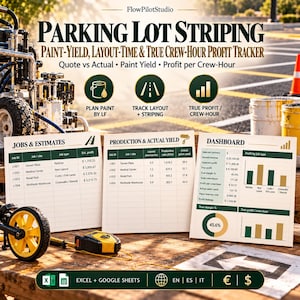 Peut inclure: Un outil de suivi numérique pour le traçage de parkings avec trois tableaux blancs affichant les travaux, estimations, données de production et un tableau de bord. Le texte inclut FlowPilotStudio, Parking Lot Striping et Excel + Google Sheets.