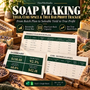 Pode incluir: Uma planilha digital de rastreamento de fabricação de sabão com seções para produtos, planos de lote, um painel com métricas de lucro e rendimento, e dados sobre cura, segundos e perdas. O documento inclui cabeçalhos como SOAP MAKING, YIELD, CURE-SPACE & TRUE BAR PROFIT TRACKER e ícones do Excel + Google Sheets.