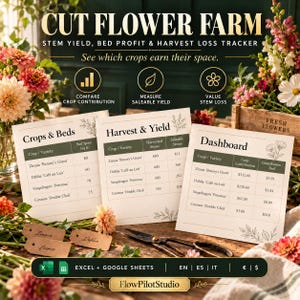 Op de afbeelding: Een Cut Flower Farm tracker voor Excel en Google Sheets met drie geprinte tabellen getiteld Crops & Beds, Harvest & Yield en Dashboard. De documenten tonen gewasgegevens voor Zinnia's, Dahlia's, Leeuwebekjes en Cosmos naast een tuinschaar.