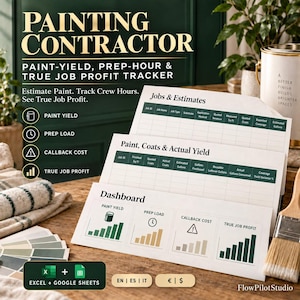 Puede incluir: Un rastreador digital para contratistas de pintura para Excel y Google Sheets con tres hojas blancas y encabezados verde oscuro. Las hojas incluyen tablas para Jobs & Estimates, Paint, Coats & Actual Yield y un panel con gráficos de barras.