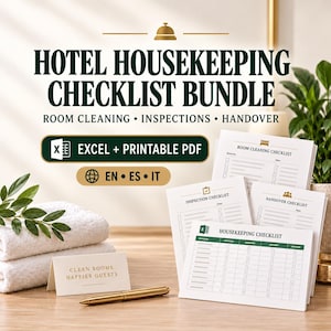 May include: A hotel housekeeping checklist bundle featuring printed forms for room cleaning, inspections, and handover. The text reads HOTEL HOUSEKEEPING CHECKLIST BUNDLE, EXCEL + PRINTABLE PDF, EN ES IT, and CLEAN ROOMS HAPPIER GUESTS.