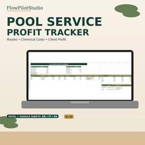 May include: A digital pool service profit tracker spreadsheet displayed on a laptop screen. The interface includes sections for routes, chemical costs, and client profit. Text at the top reads FlowPilotStudio and POOL SERVICE PROFIT TRACKER.