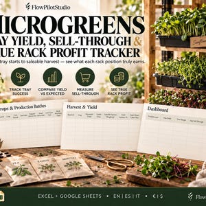 Könnte beinhalten: Ein digitales Tracking-Tool für Microgreens mit drei gedruckten Blättern, beschriftet als Crops & Production Batches, Harvest & Yield und Dashboard. Das Layout enthält Symbole zur Verfolgung von Ertrag, Verkauf und Rack-Gewinn.