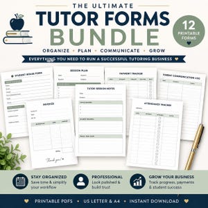 May include: A digital bundle of 12 printable tutor forms including a student intake form, session plan, payment tracker, parent communication log, invoice, tutor session notes, and attendance tracker, featuring dark blue and sage green text.
