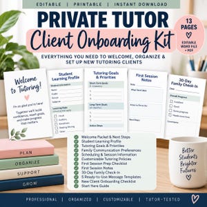Puede incluir: Un kit de incorporación para tutores privados con 13 páginas de documentos imprimibles, que incluyen un paquete de bienvenida, perfil de aprendizaje, objetivos de tutoría, notas de sesión y un seguimiento de 30 días, con una taza blanca.