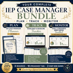 May include: A digital IEP Case Manager Bundle featuring a 133-page planner, a 9-tab Excel caseload and deadline tracker, and a 9-tab Excel goal and progress monitoring toolkit. The graphic includes text, laptop screen displays, and planner pages.