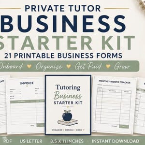 Könnte beinhalten: Ein Business-Starter-Kit für Privatlehrer mit 21 druckbaren Geschäftsformularen. Das Set enthält eine Tutorenvereinbarung, eine Rechnung, einen monatlichen Einkommens-Tracker und einen Wochenplan in einem dunkelblauen und salbeigrünen Design.