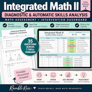 May include: Integrated Math II diagnostic assessment and intervention dashboard featuring a laptop displaying a student skills analysis table with 35 questions across 7 skill domains, printable assessment sheets, and a step-by-step workflow graphic.