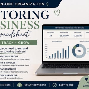 May include: A digital tutoring business spreadsheet displayed on a laptop screen, featuring a dashboard with student metrics, revenue, and invoice tracking. The interface includes charts and data tables for managing sessions, payments, and goals in Google Sheets.