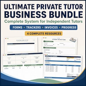 Könnte beinhalten: Ein digitales Business-Paket für Privatlehrer mit vier Ressourcen: Begrüßungsschreiben, Anmeldeformular, Business-Dashboard und Rechnungsvorlage. Der Text lautet Ultimate Private Tutor Business Bundle, Complete System for Independent Tutors, Forms, Trackers, Invoices, Progress und 4 Complete Resources.