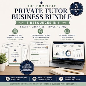 May include: The Complete Private Tutor Business Bundle includes a starter kit with 20 printable forms, student intake and progress forms with 12 printable pages, and a tutoring business spreadsheet Excel workbook for tracking and growth.