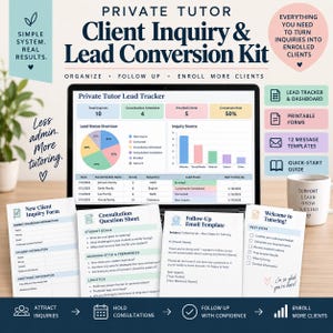 Puede incluir: Un kit digital de conversión de clientes potenciales para tutores privados que incluye una pantalla de portátil con un panel de seguimiento de clientes, gráficos, tablas y formularios impresos, cuestionarios y plantillas de correo.