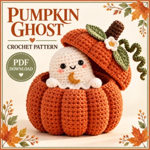 Puede incluir: Un patrón de ganchillo de fantasma calabaza, con un fantasma blanco con un parche de media luna dentro de un recipiente de calabaza naranja. La tapa tiene hojas verdes, un tallo marrón y una pequeña flor blanca. El texto dice PUMPKIN GHOST.