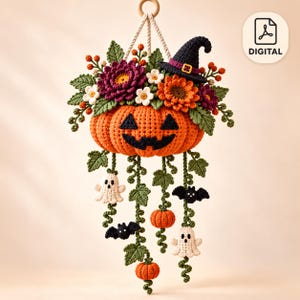 May include: A crochet wall hanging featuring a large orange jack-o'-lantern topped with purple and orange flowers, green leaves, and a black witch hat. Below, green vines dangle small orange pumpkins, white ghosts, and black bats. Digital file.